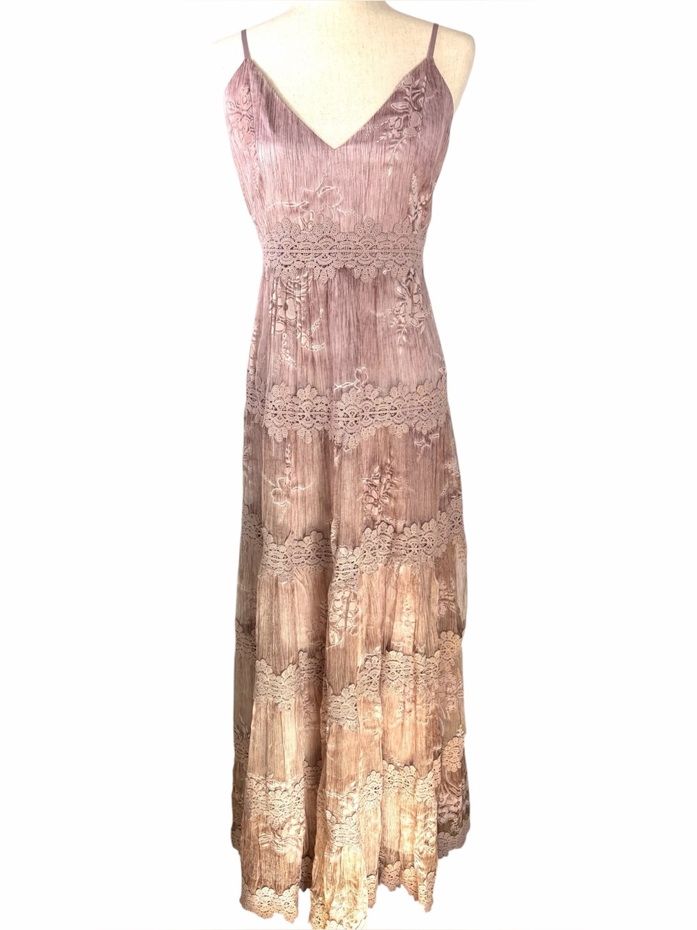 BHLDN 100% Silk Dusty Rose Lace-Trim Maxi Dress. NWOT Never worn.